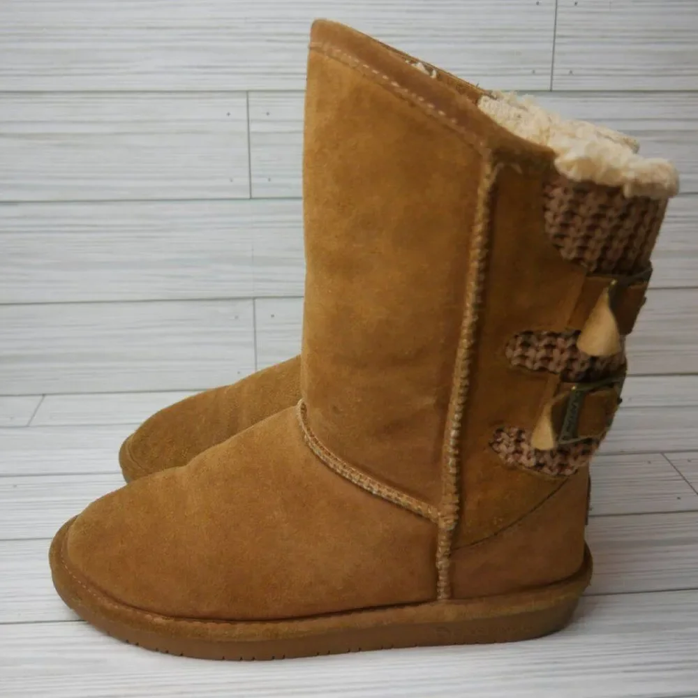Bearpaw BOSHIE Youth Size 4 Tan Suede Wool Blend Sherpa Lined Mid Calf Boots